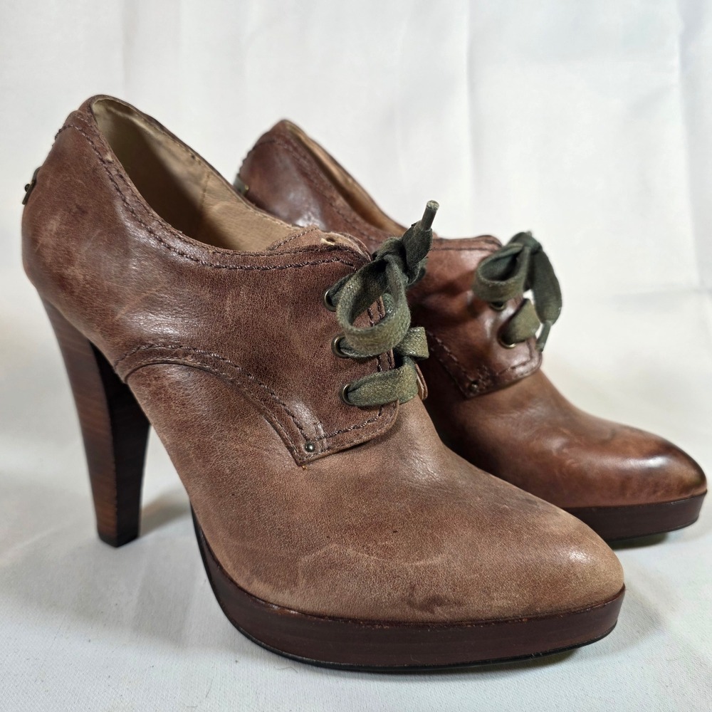 FRYE Women's 7M Harlow Stitch Oxford Heels Brown Leather Lace Up‎ Pointed Toe